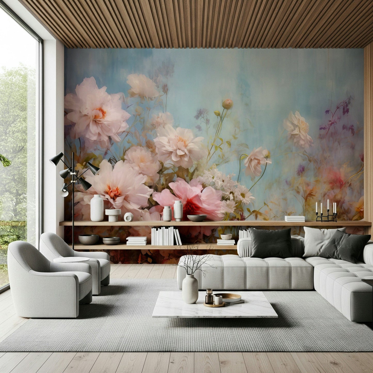 A serene blue floral pattern wall mural for your decor.