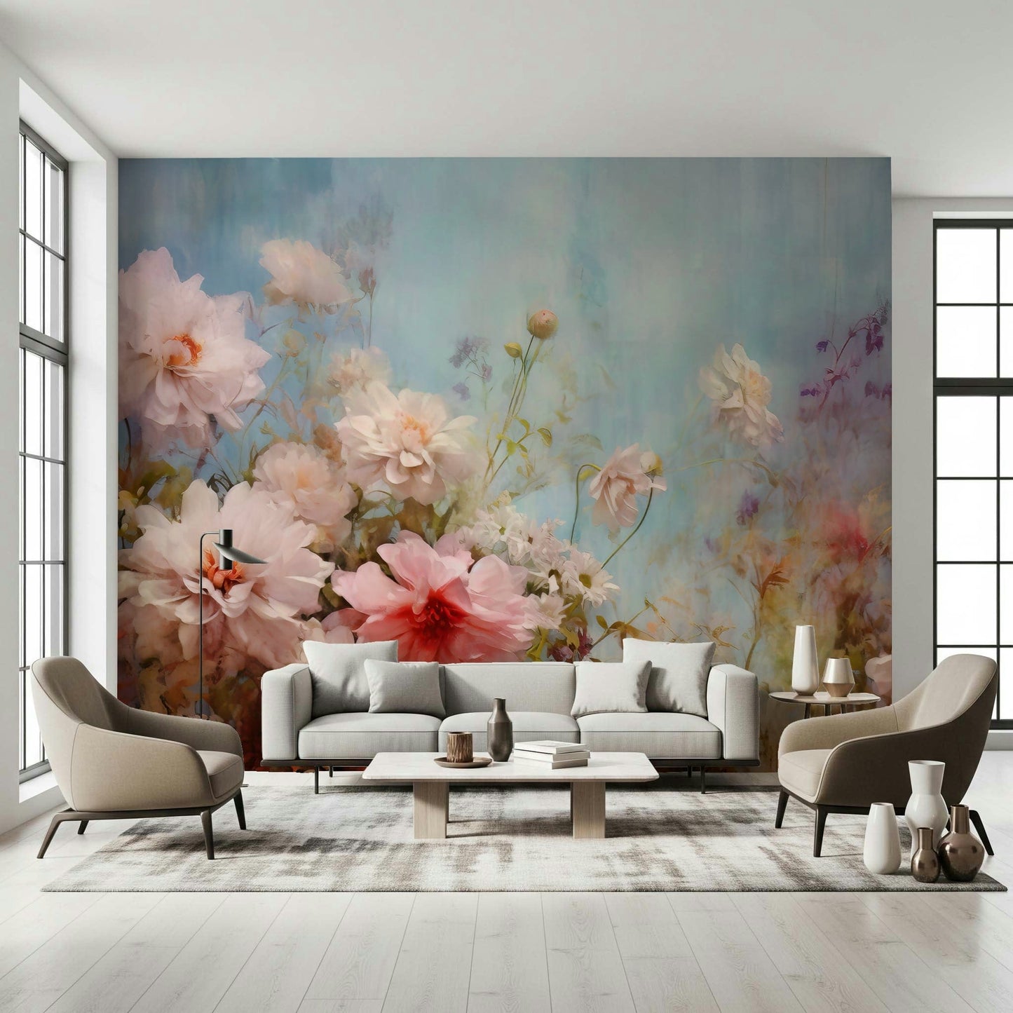 A graceful subtle bloom wall mural in cool, azure tones.