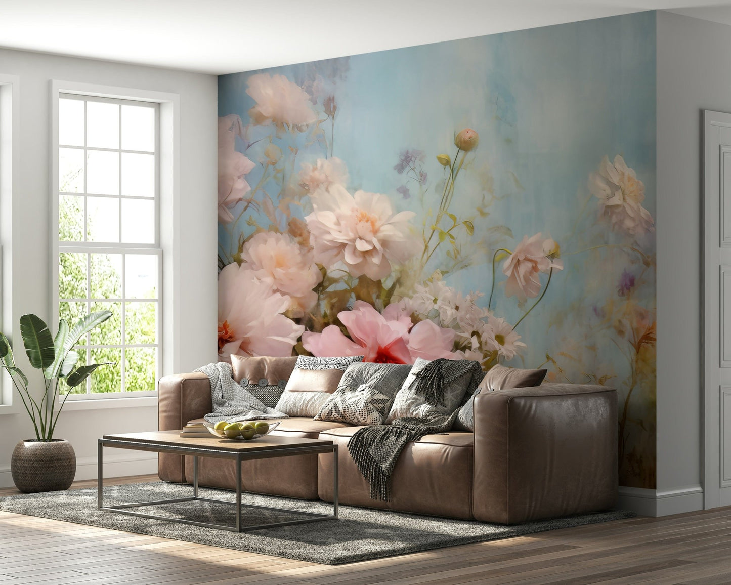 A peaceful botanical scene mural on decorative wallpaper.