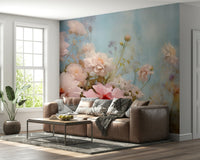A peaceful botanical scene mural on decorative wallpaper.