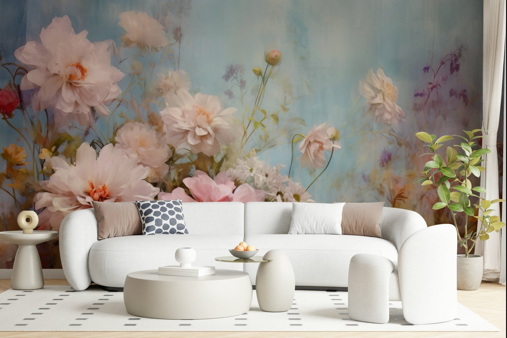 A contemplative floral bloom wallpaper mural for a feature wall.