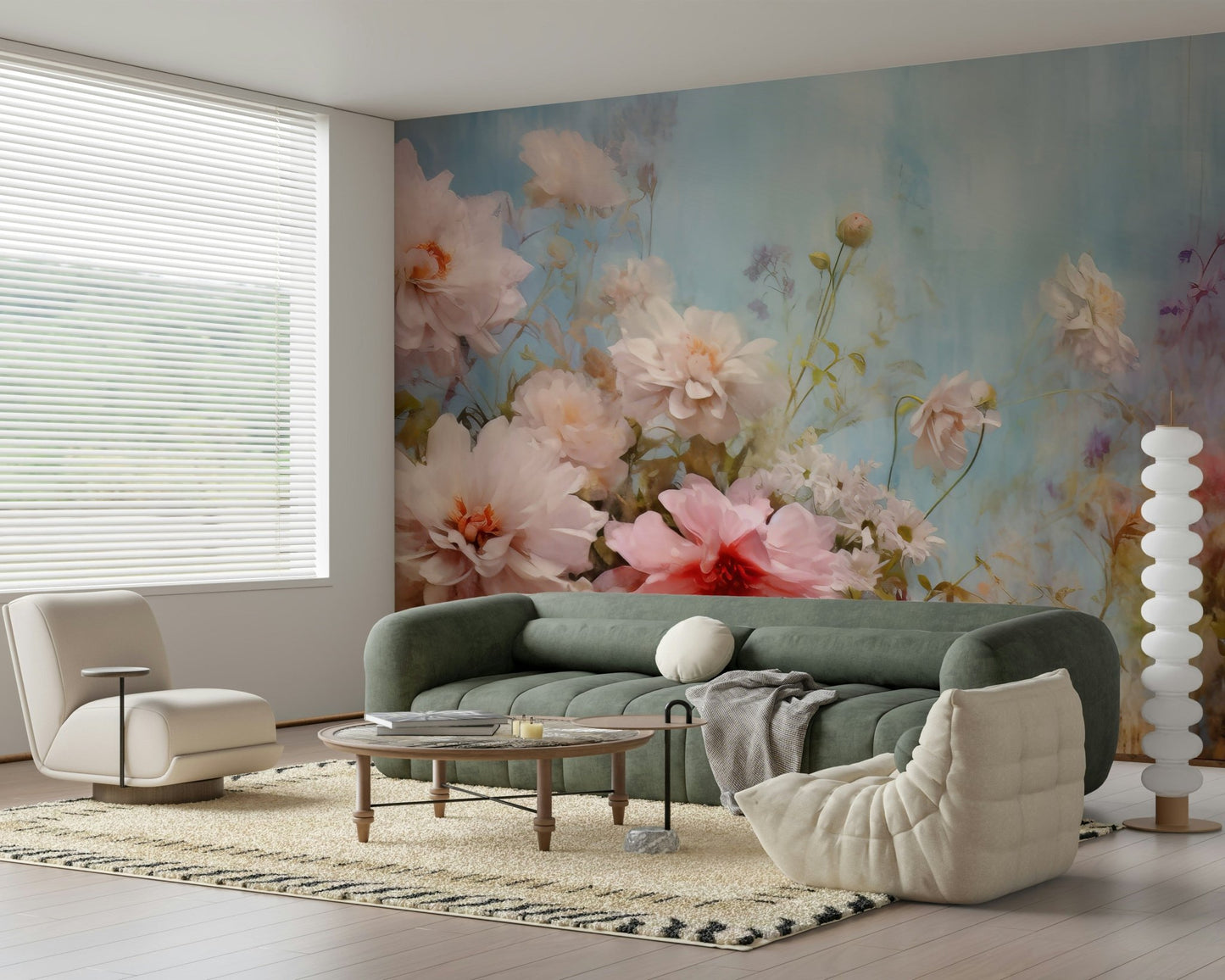 A calming floral design wallpaper mural that defines a space.