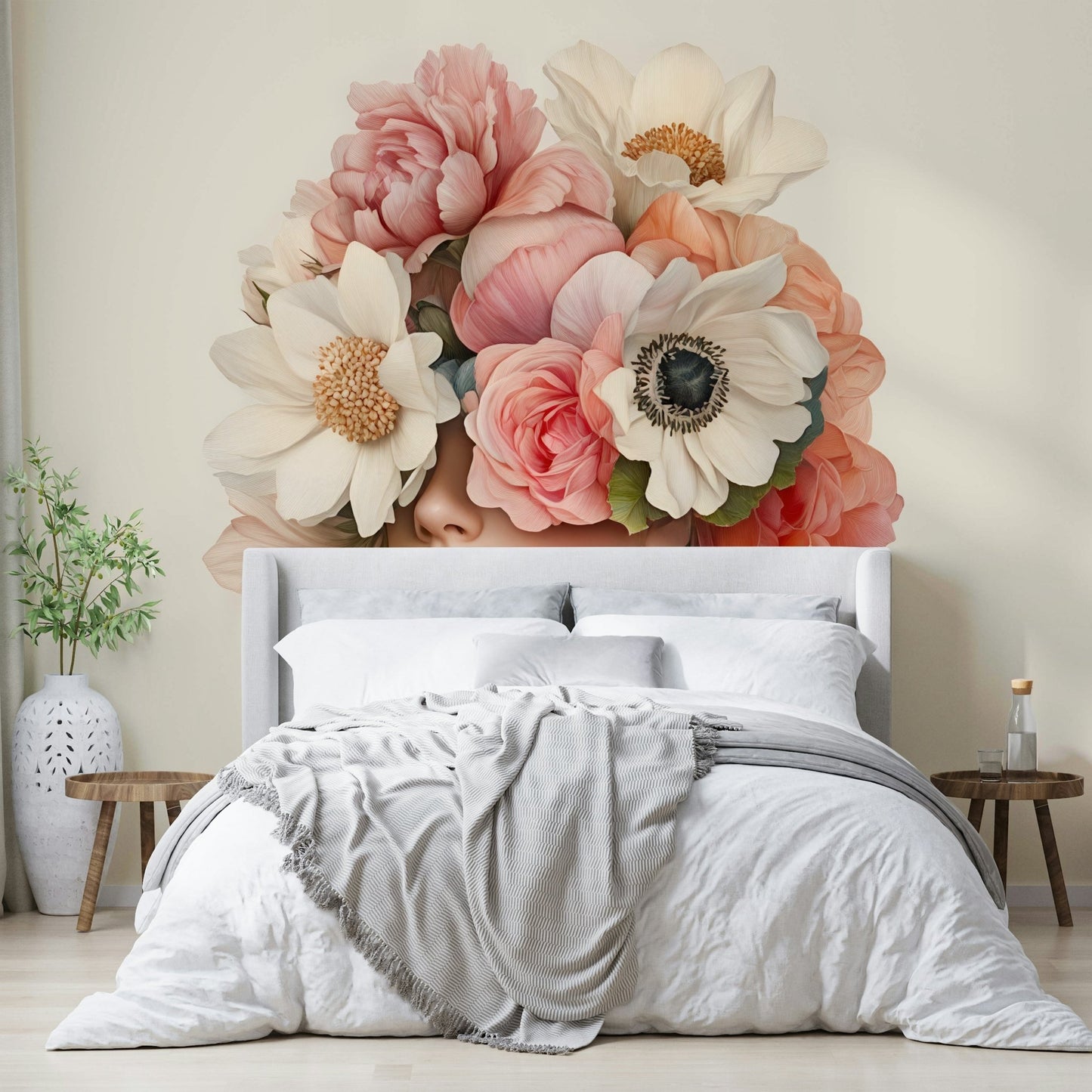 A dining area decorated with a painted floral mural

