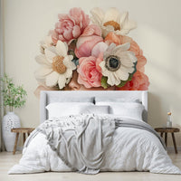 A dining area decorated with a painted floral mural

