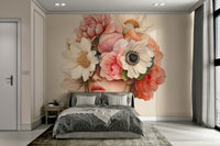 Blooming beauty floral elegance wallpaper on a living room wall

