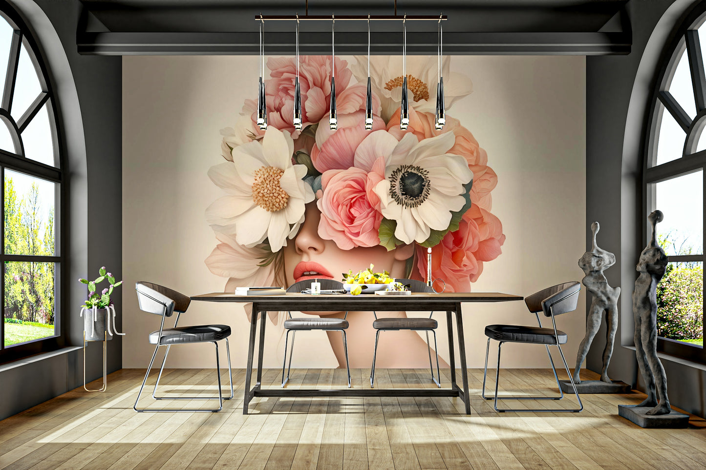 An angled shot of a wall with flower wallpaper

