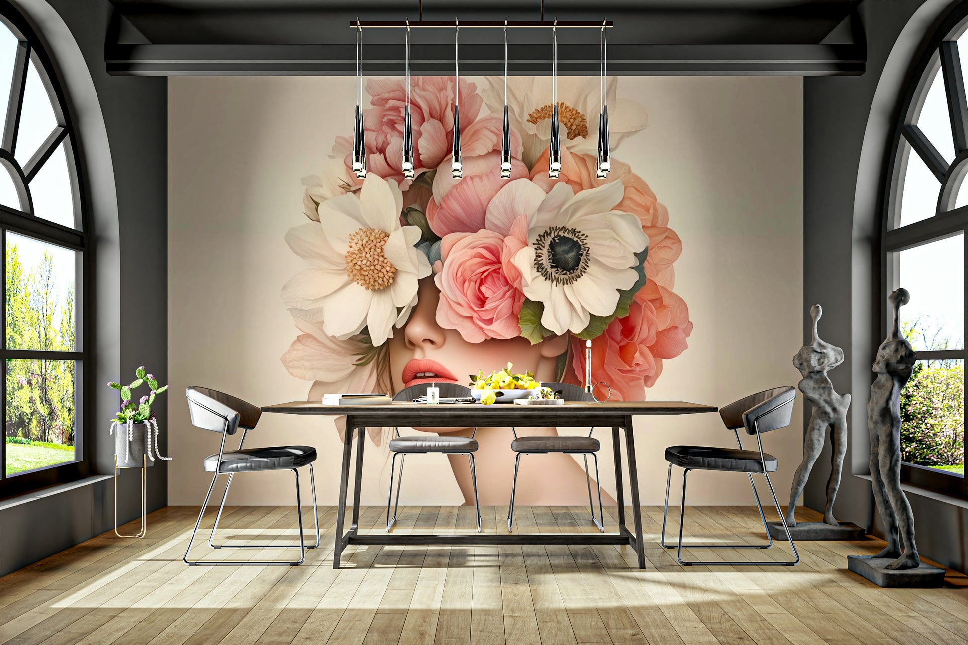 An angled shot of a wall with flower wallpaper

