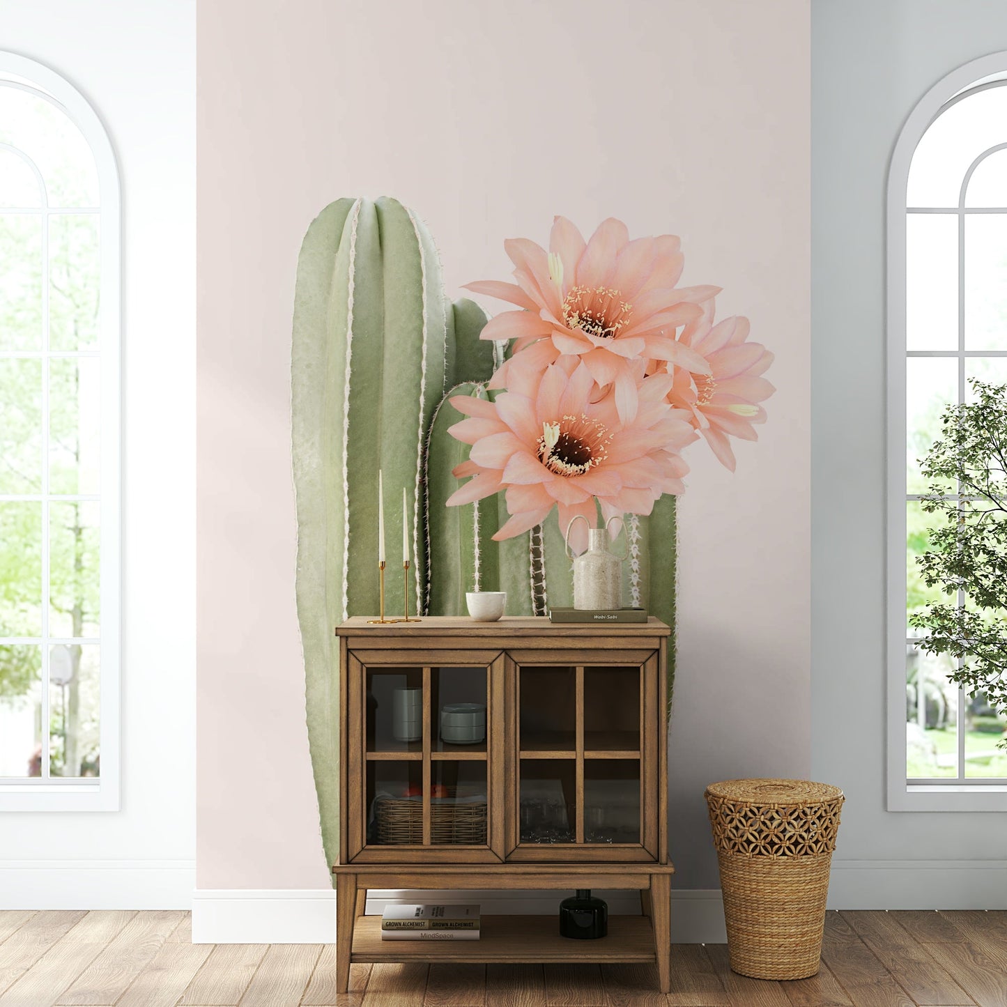 Colorful blooming cactus mural with desert botanical style.

