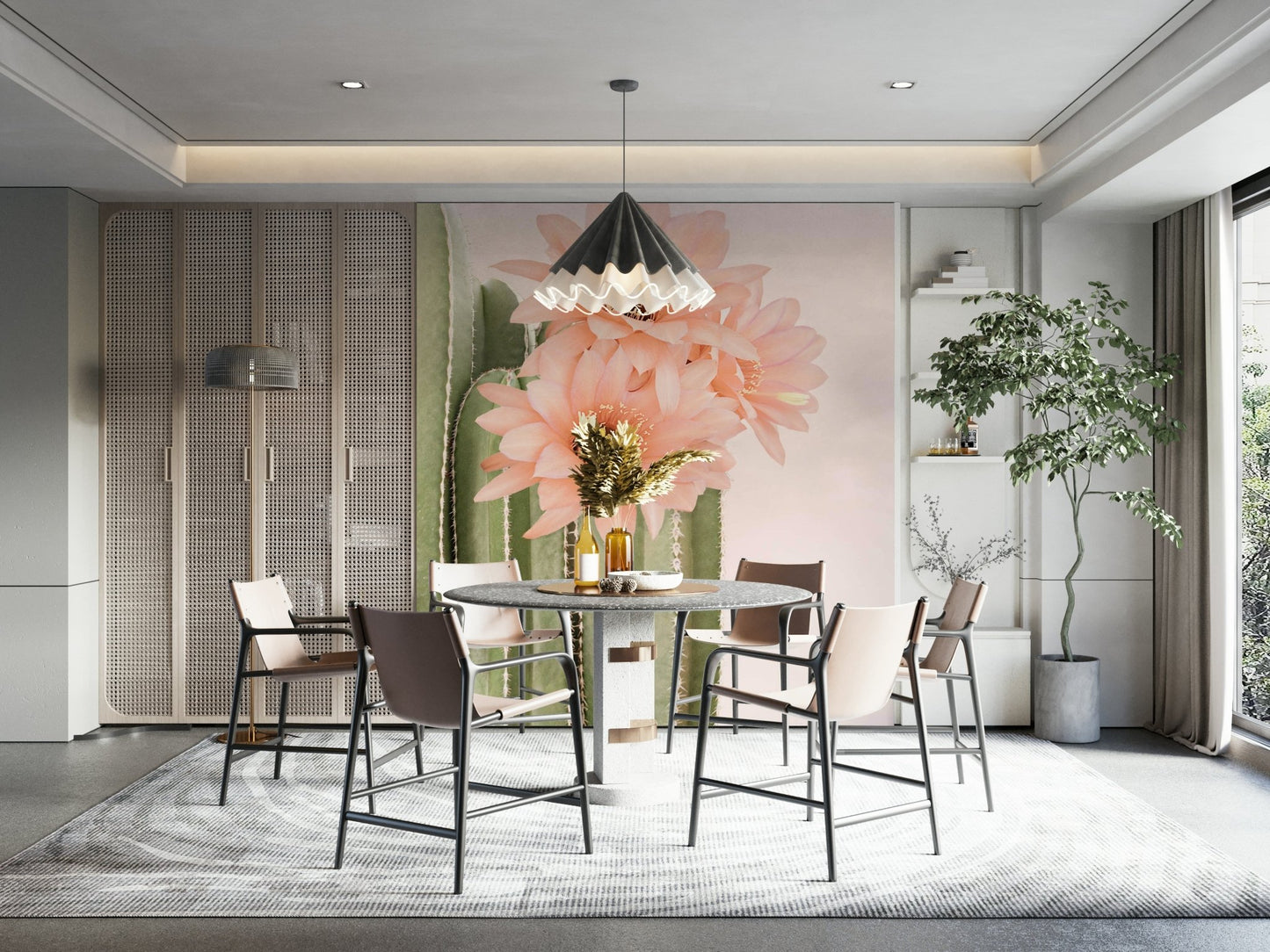 Cactus and flower wall mural for modern room decor.