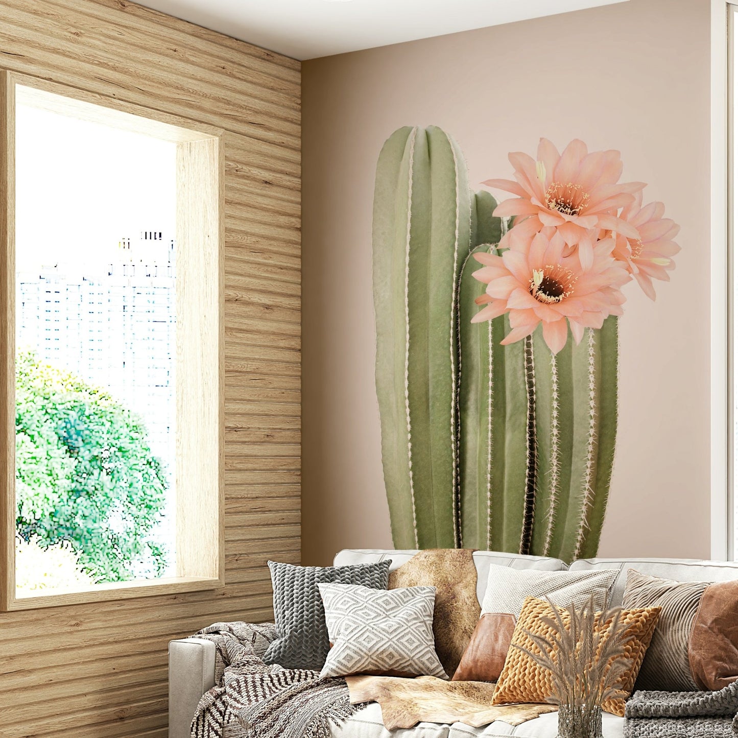 Detailed blooming cactus botanical wall design.