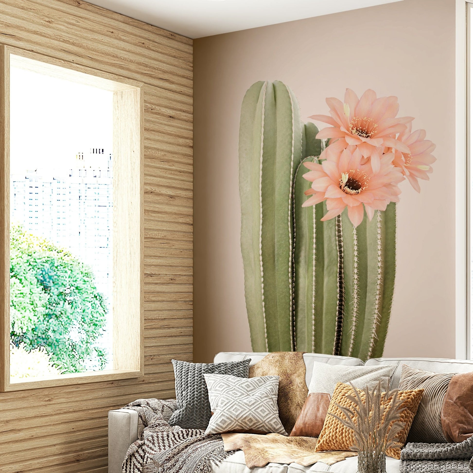 Detailed blooming cactus botanical wall design.