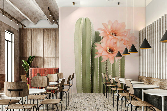 Blooming Cactus Botanical Wall Mural with vibrant flowers., GD1825