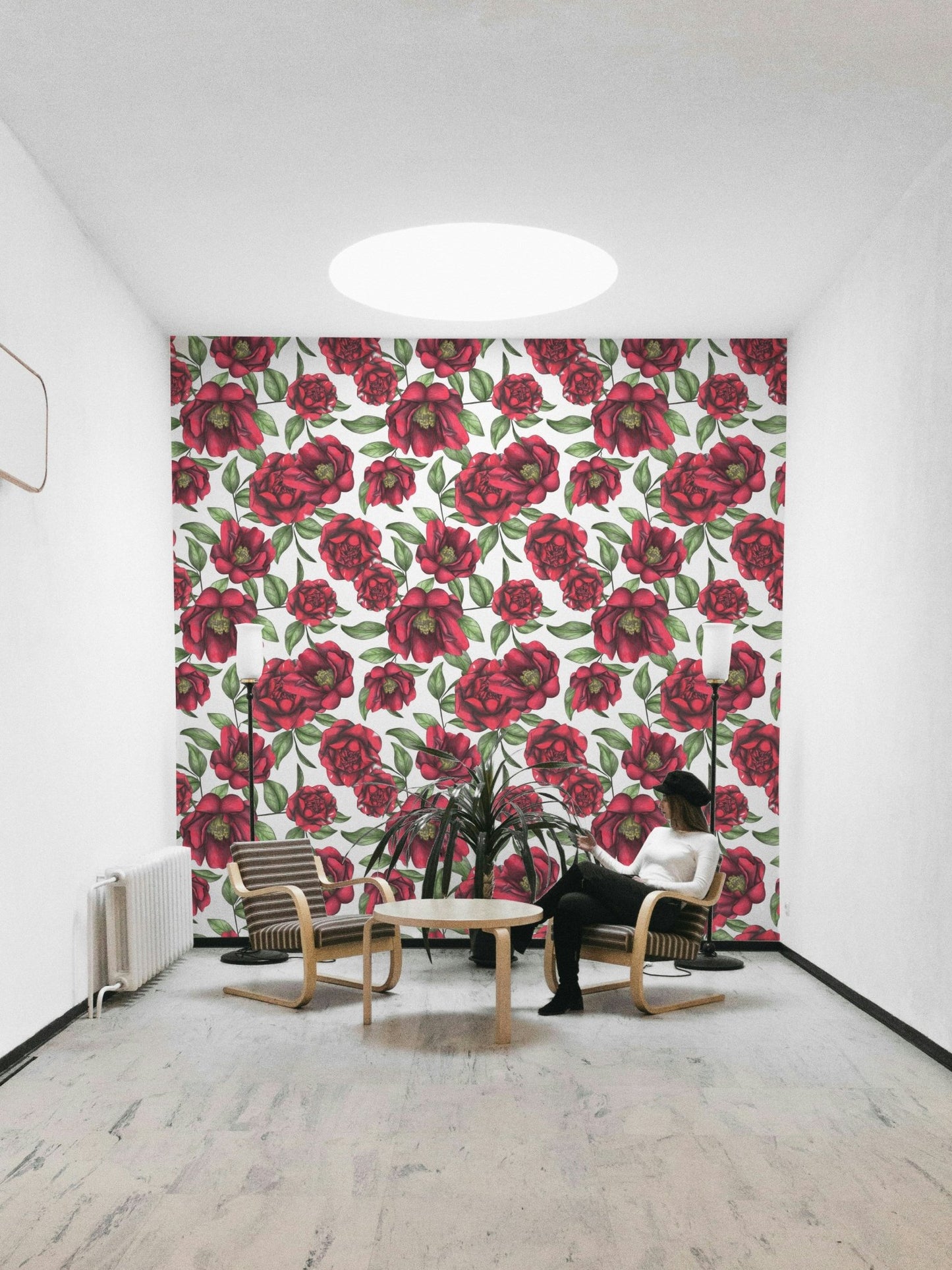 Green and red camellia wallpaper for bedrooms


