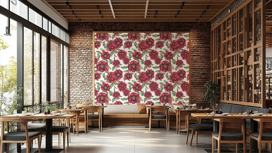 Wallpaper with blooming red flowers on white


