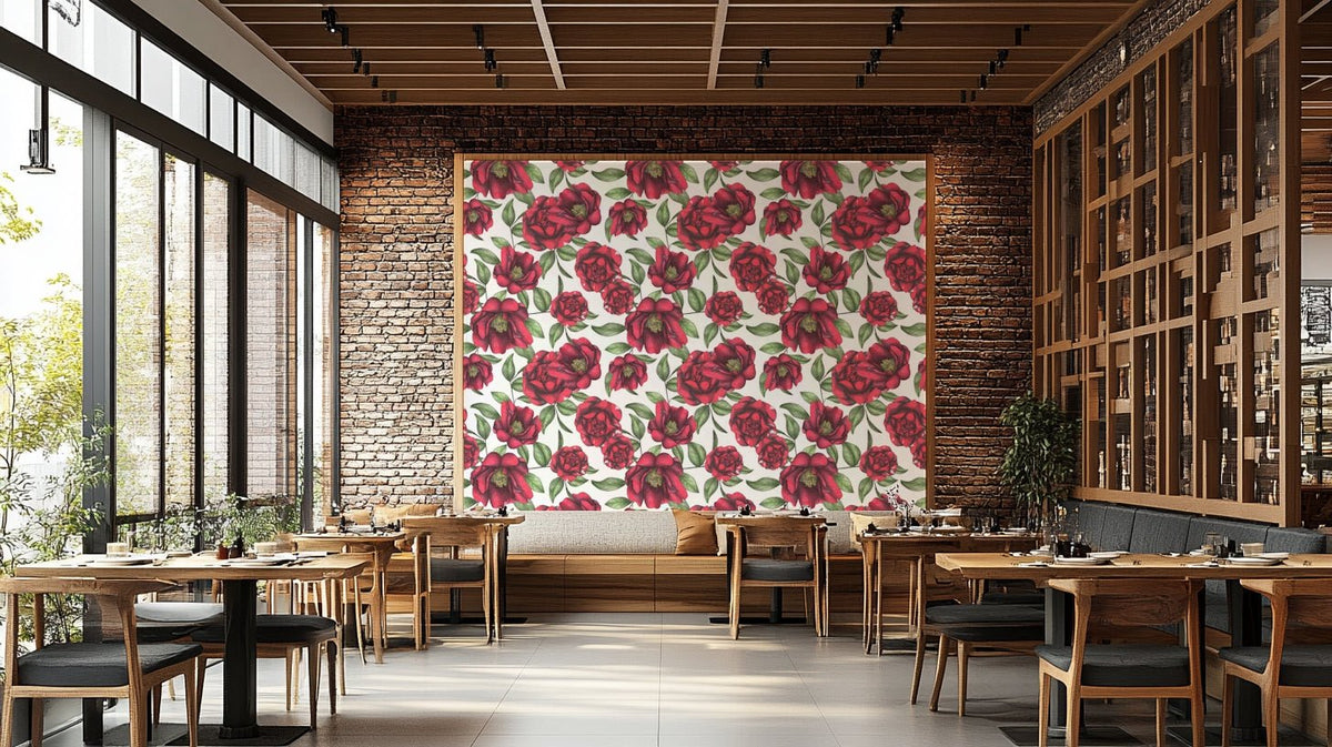 Wallpaper with blooming red flowers on white, GD2606