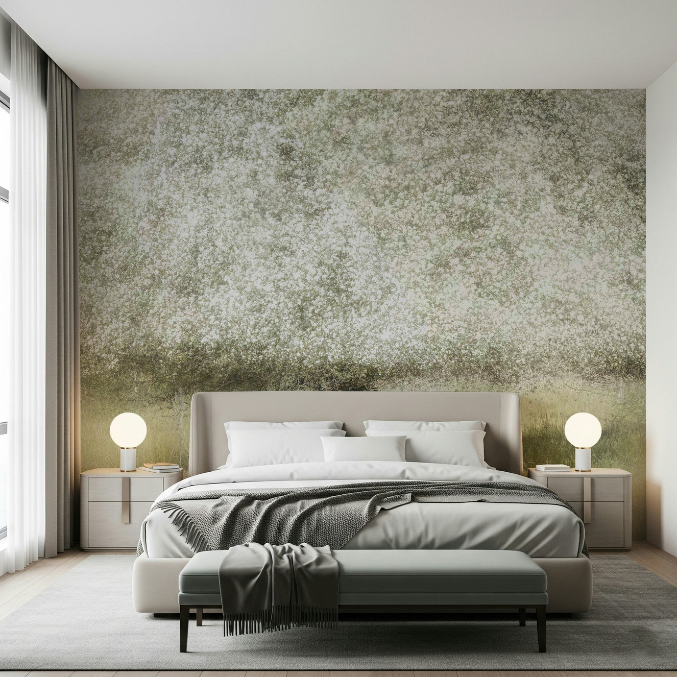 A beautiful subtle floral wallpaper mural with a dreamy, soft-focus effect.