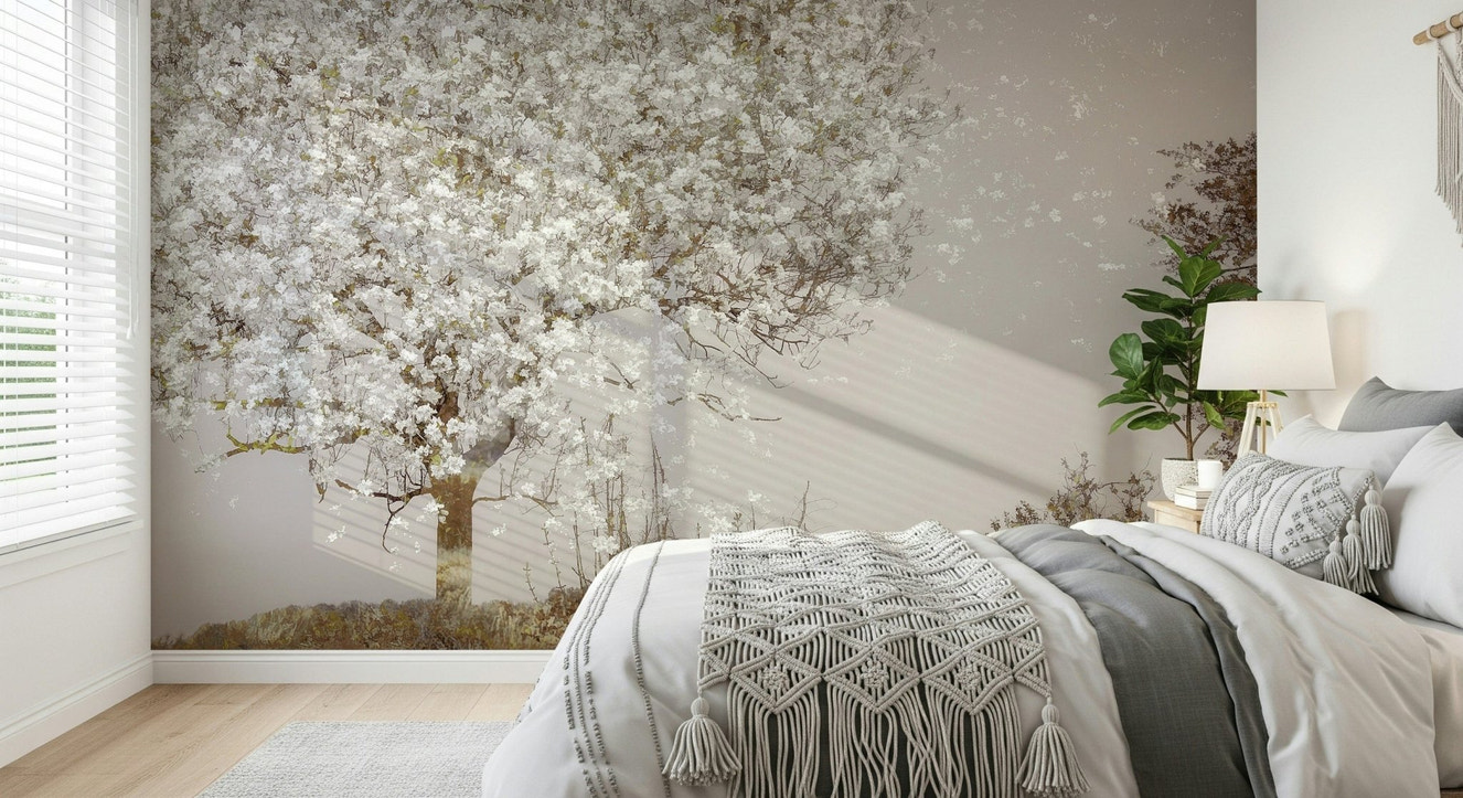 A beautiful blooming tree wallpaper mural with a scenic vista.