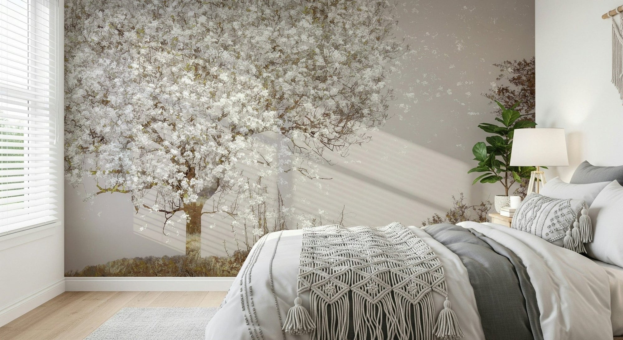 A beautiful blooming tree wallpaper mural with a scenic vista., GD5569