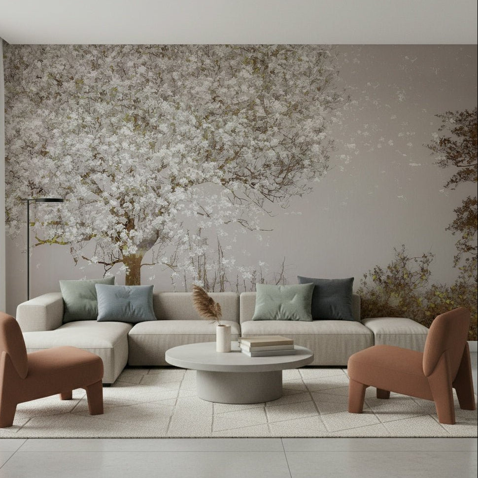 An artistic delicate bloom mural on minimalist wallpaper., GD5569