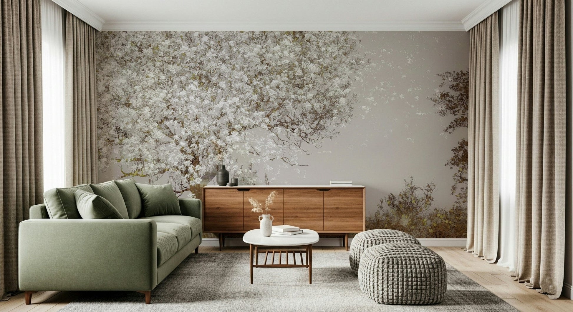 A beautiful wide-angle wall mural of a flowering tree., GD5569