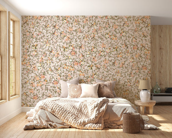 Birds and floral orange wallpaper design DTLI02
