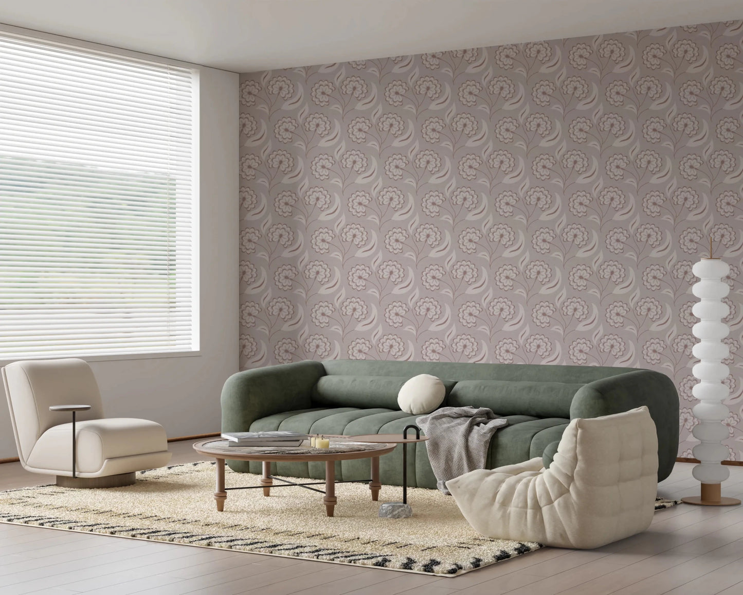Lounge seating area styled with Bloomscape Beige Wallpaper and low green sofa