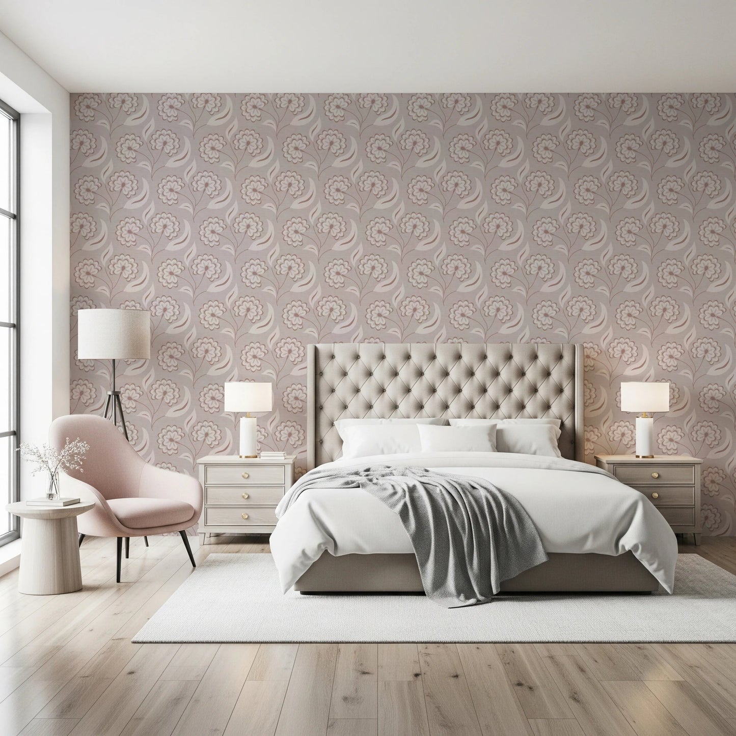 Minimal interior corner featuring Bloomscape Beige Wallpaper with soft neutral tones