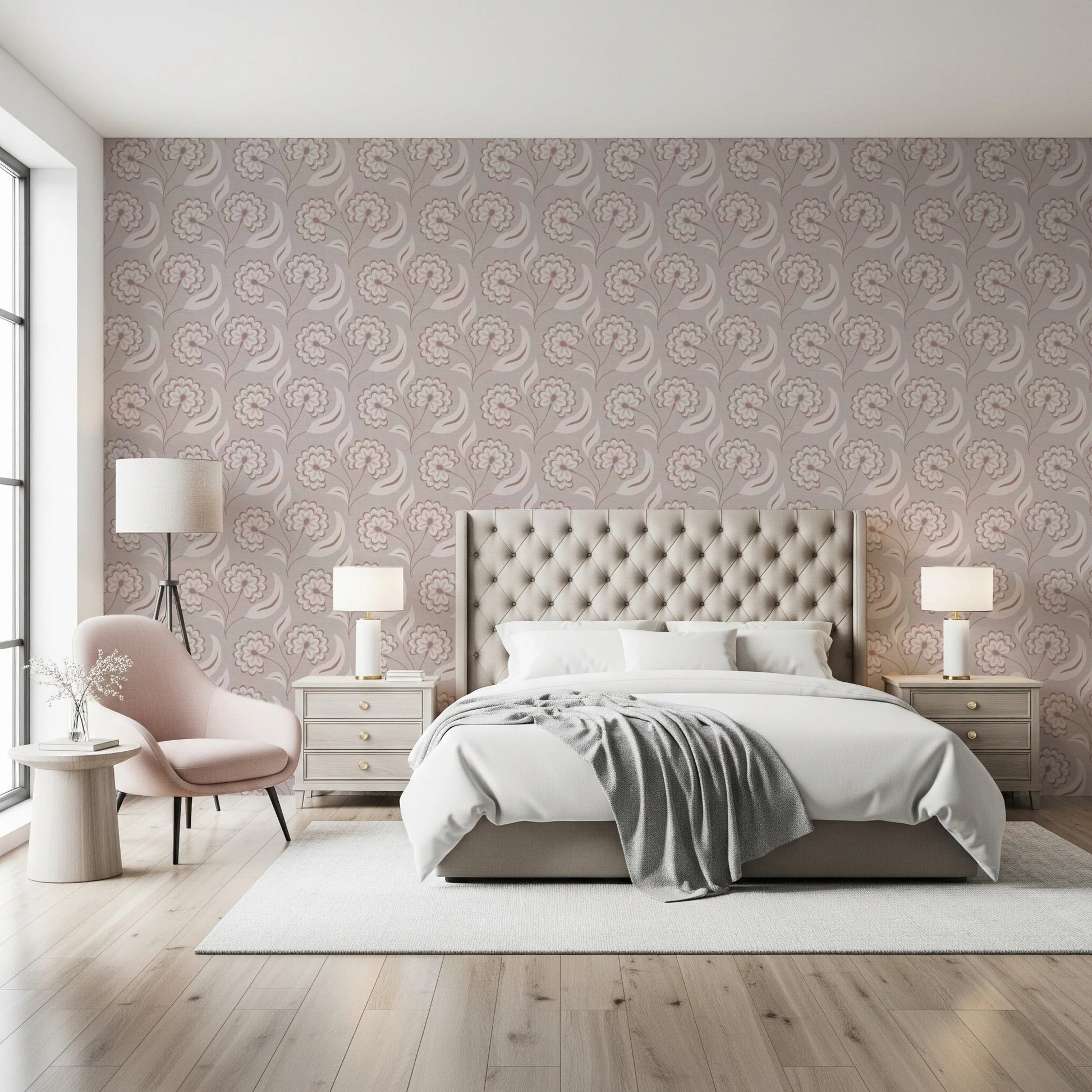 Minimal interior corner featuring Bloomscape Beige Wallpaper with soft neutral tones