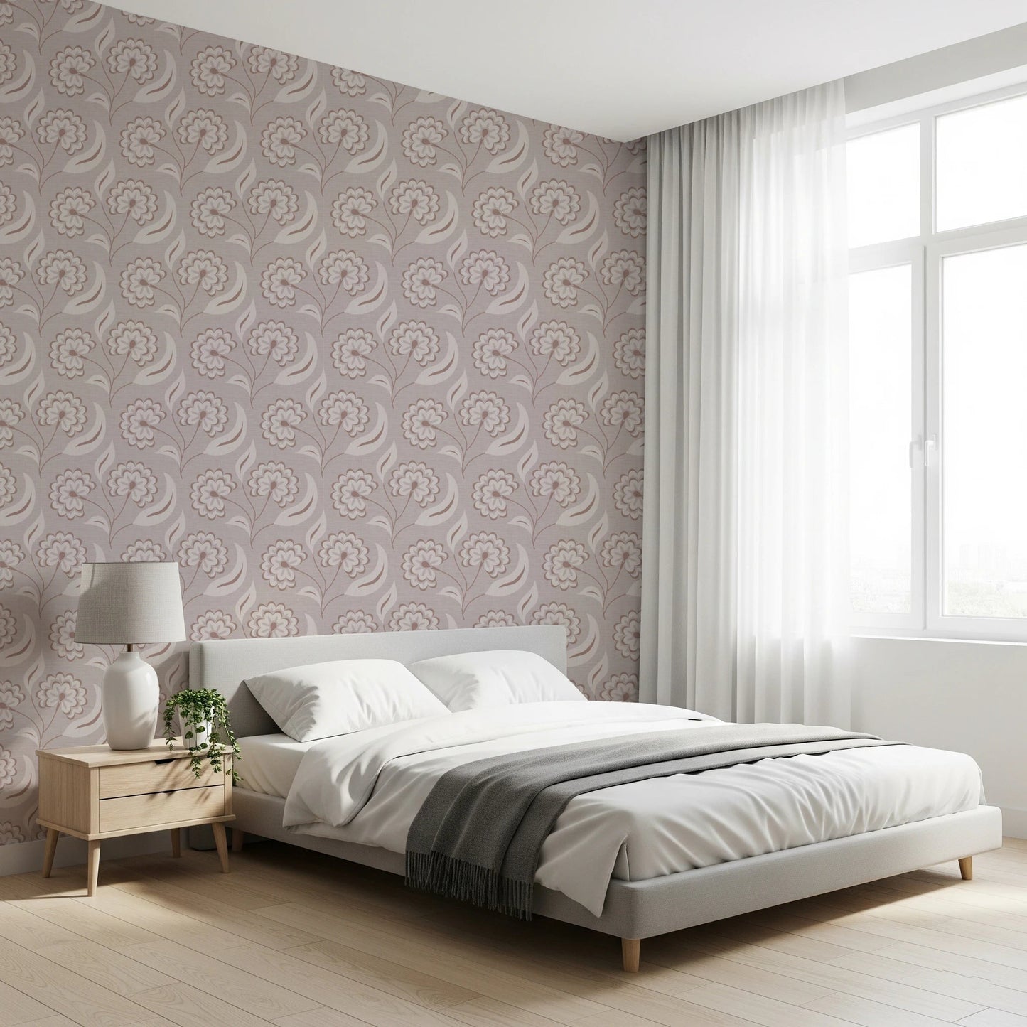Bright bedroom layout where Bloomscape Beige Wallpaper pairs with natural light