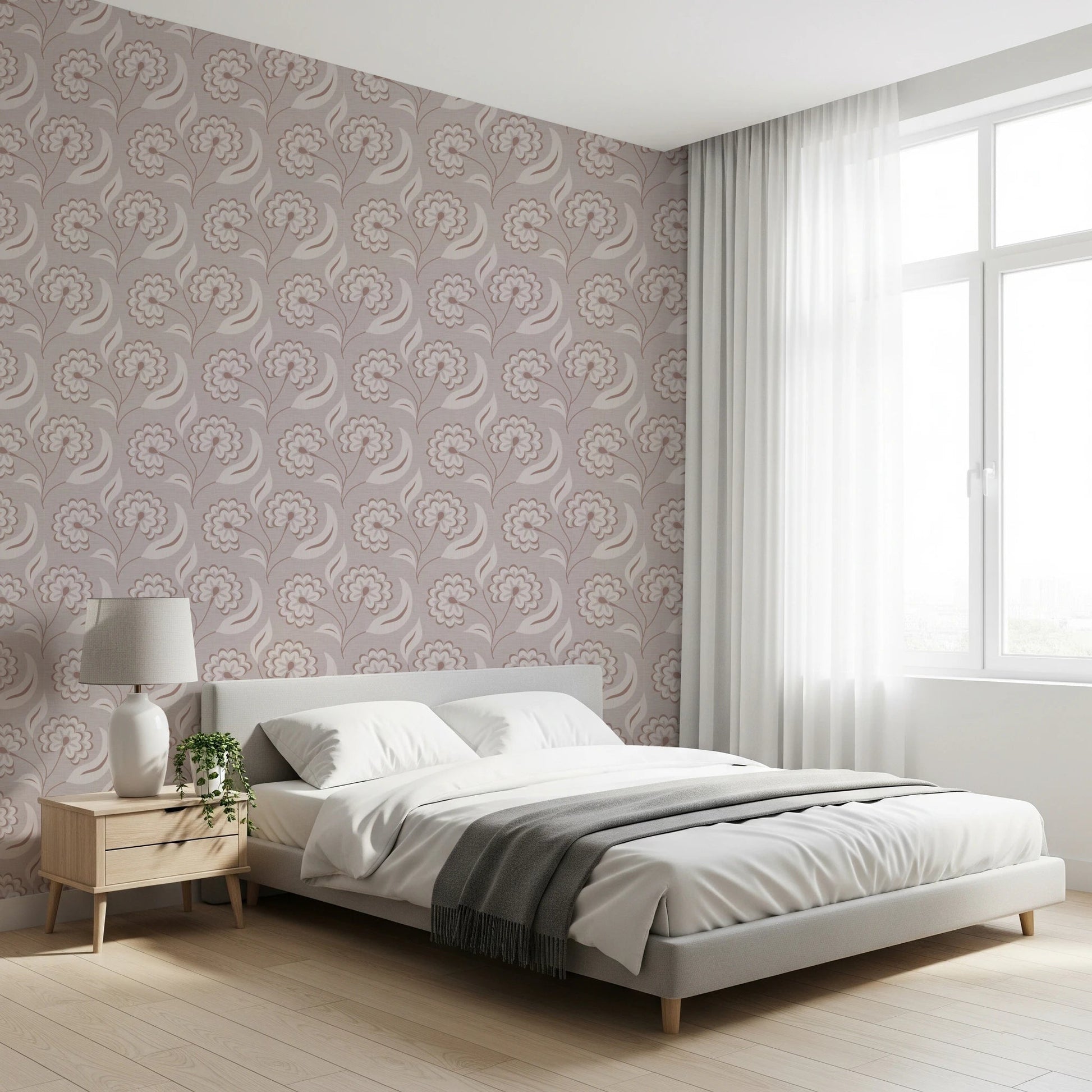 Bright bedroom layout where Bloomscape Beige Wallpaper pairs with natural light