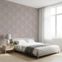 Bright bedroom layout where Bloomscape Beige Wallpaper pairs with natural light