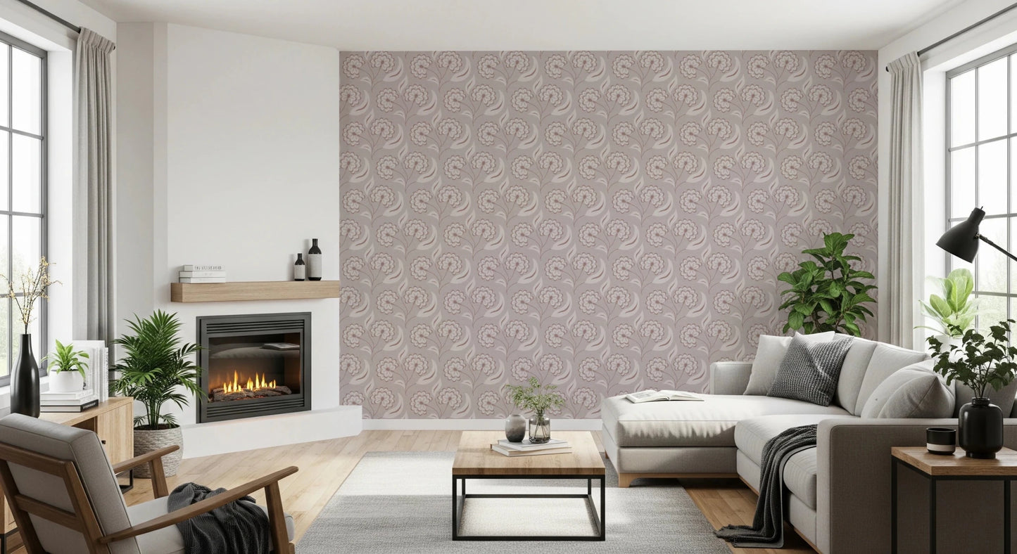 Open lounge area styled against Bloomscape Beige Wallpaper with warm furnishings