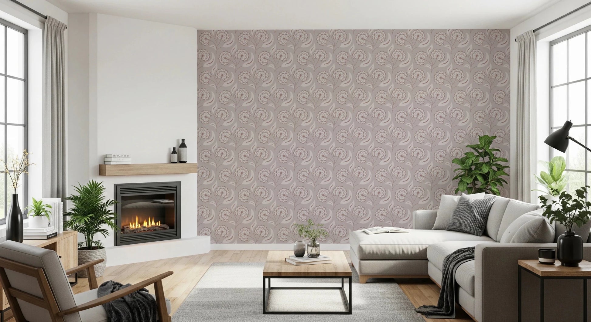 Open lounge area styled against Bloomscape Beige Wallpaper with warm furnishings