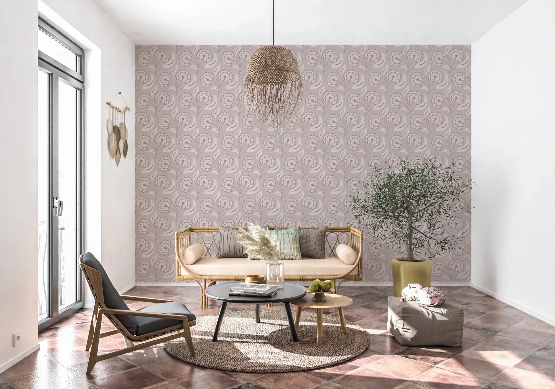 Relaxed sitting space where Bloomscape Beige Wallpaper blends with pastel décor