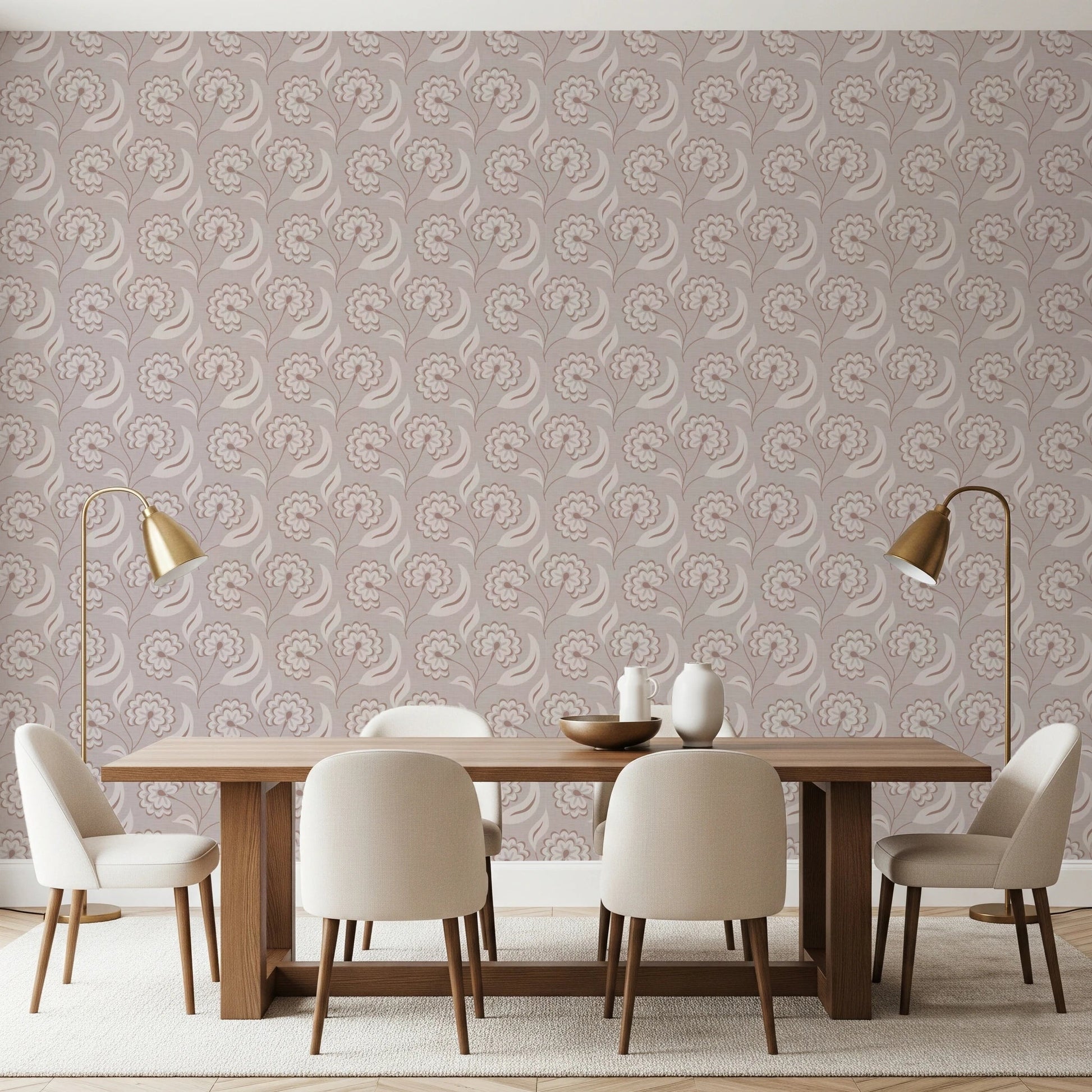 Dining room setup with Bloomscape Beige Wallpaper behind a wooden table and chairs