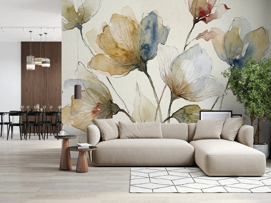 Living room with Bloomscape wall mural and soft watercolor floral stems