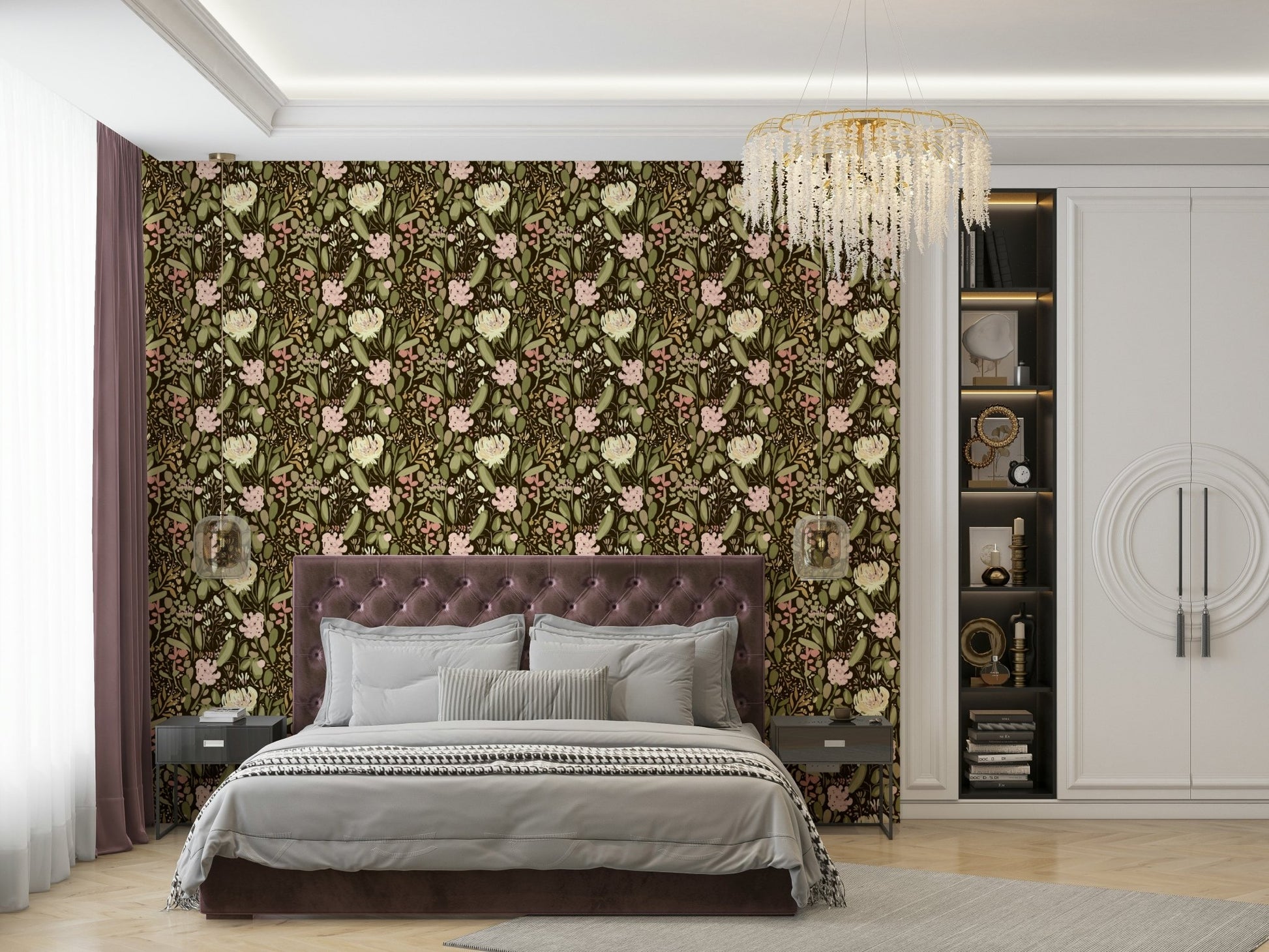 Blush pink blooms glow against deep olive tones in this wallpaper GD4927
