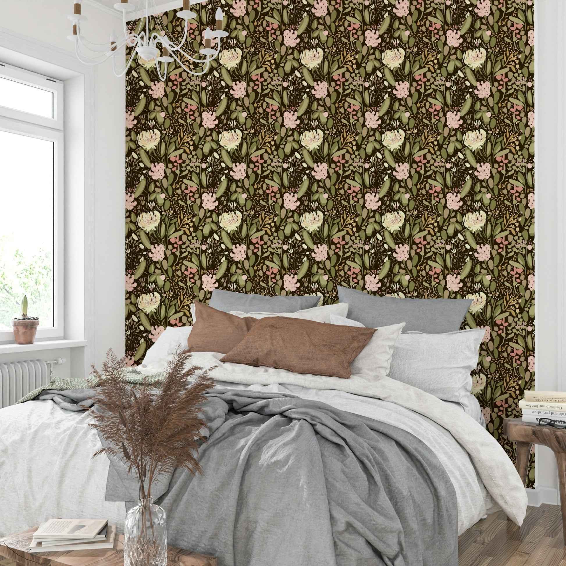 A dense garden of flowers covers this dramatic Bloomscape wallpaper GD4927
