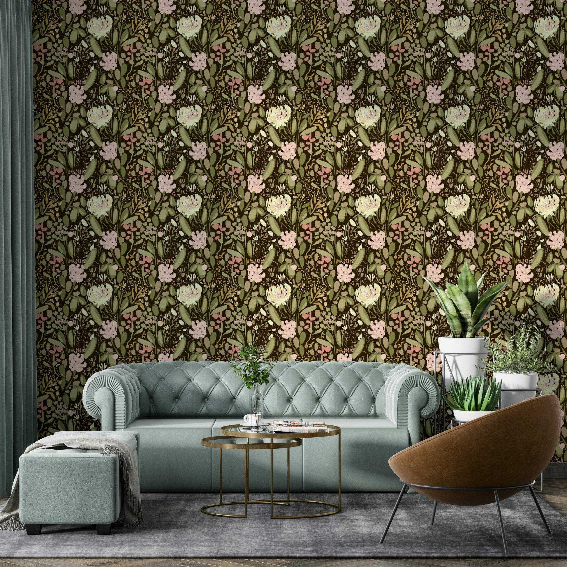Lush foliage and blossoms fill this moody Bloomscape wallpaper GD4927
