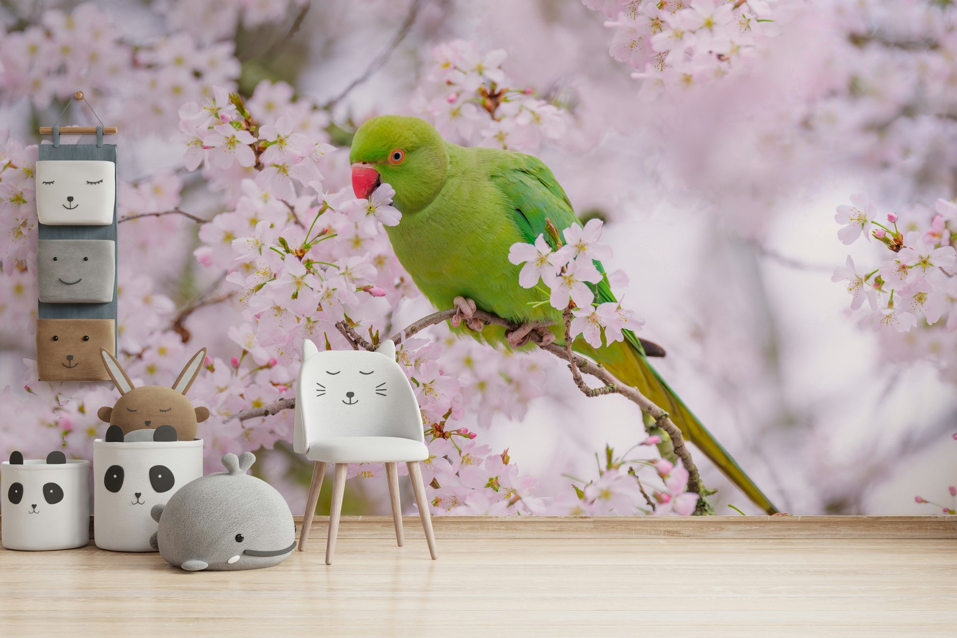 A calming bird scene wallpaper mural that defines a space.

