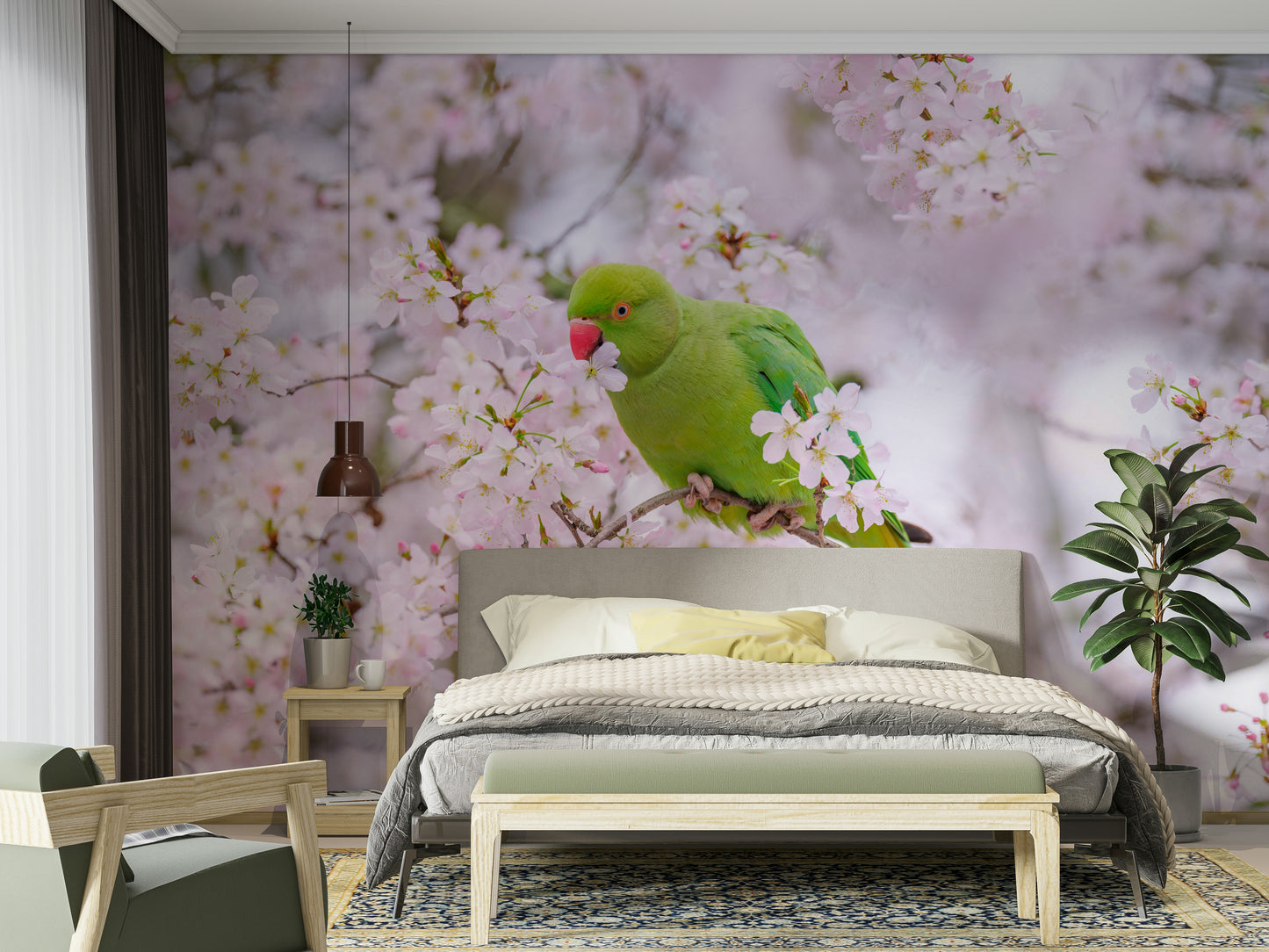 A graceful parrot and blossom wall mural in soft tones.

