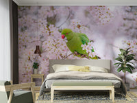 A graceful parrot and blossom wall mural in soft tones.

