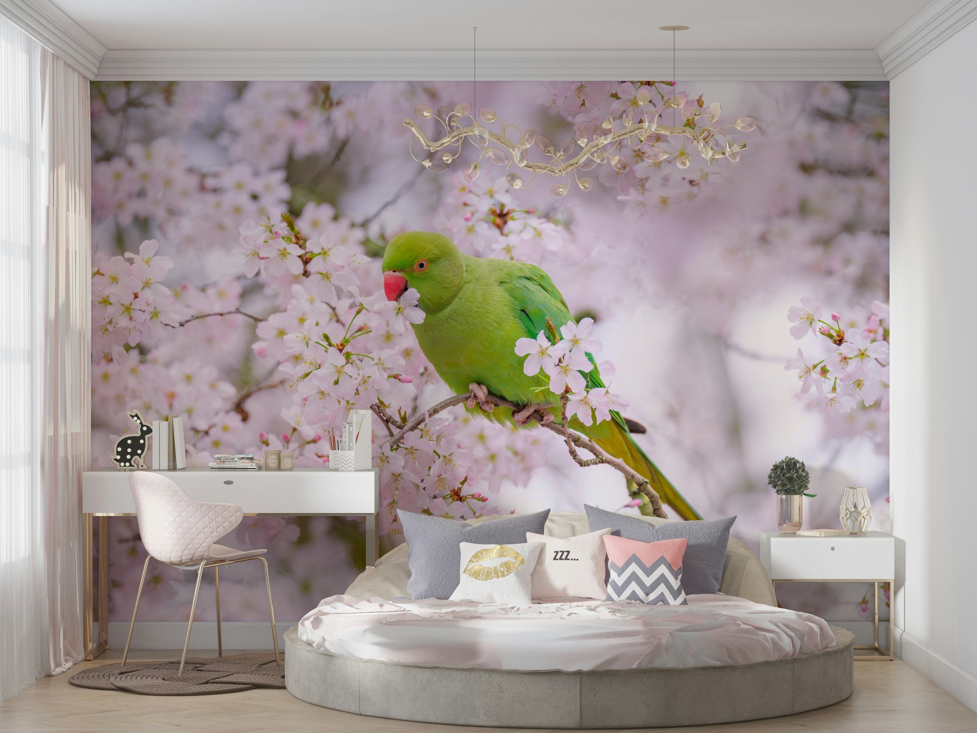 An elegant bird and flower mural on minimalist wallpaper.

