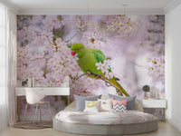 An elegant bird and flower mural on minimalist wallpaper.

