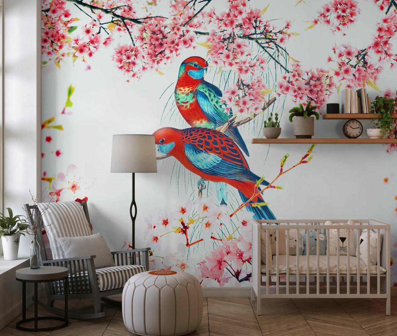 Blossom Birds Wall Mural wallpaper for a serene living room.