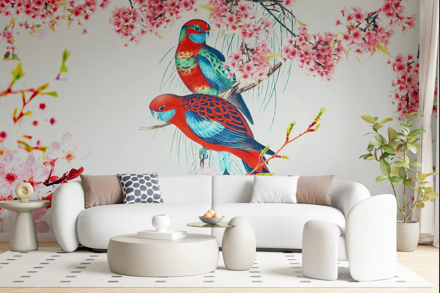 Blossom Birds Wall Mural wallpaper with soft green leaf motifs., GD8041