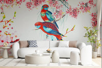 Blossom Birds Wall Mural wallpaper with soft green leaf motifs., GD8041