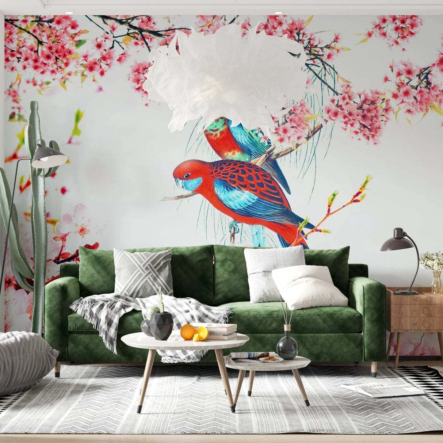 Elegant bird and flower wall mural in a dining room setting., GD8041