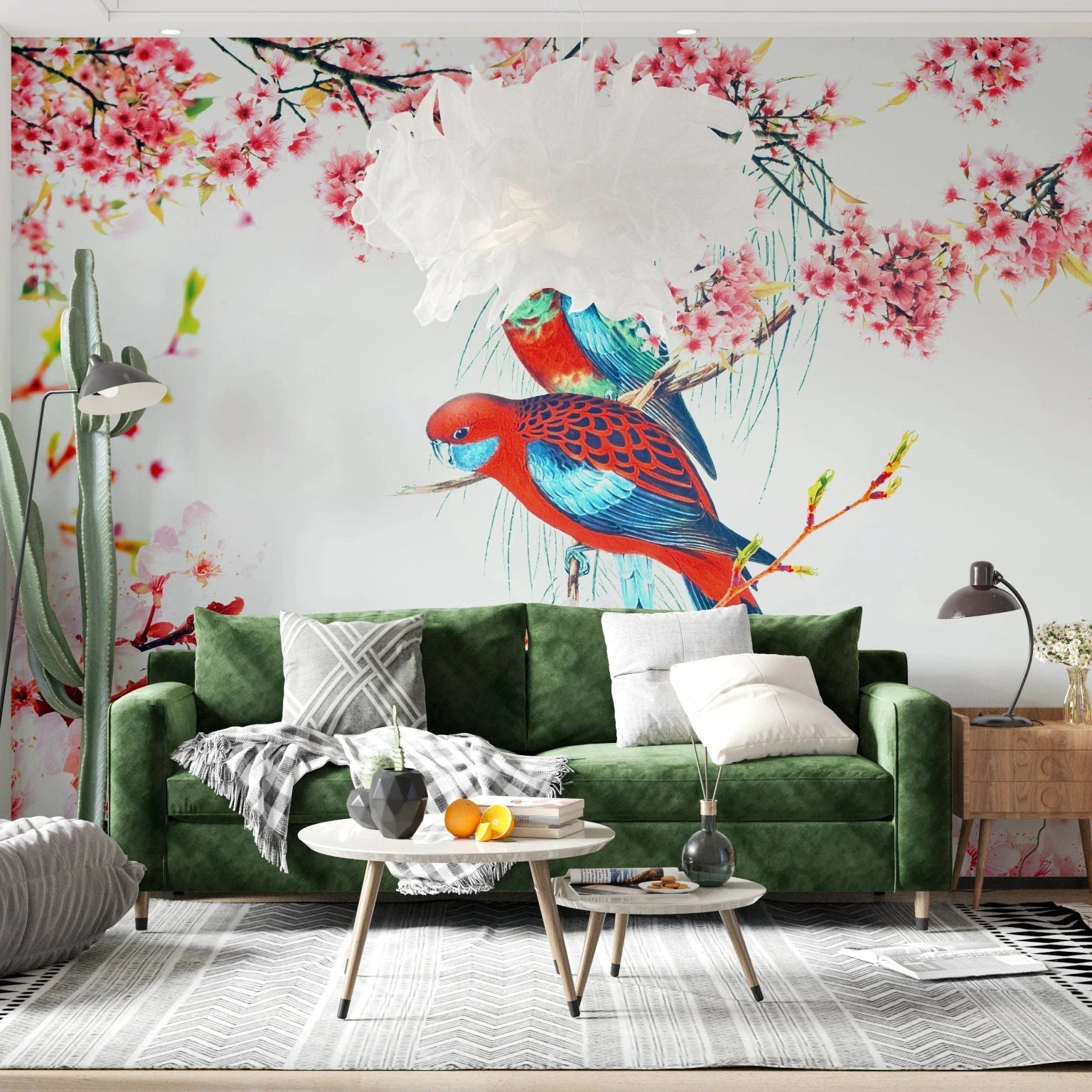 Elegant bird and flower wall mural in a dining room setting., GD8041