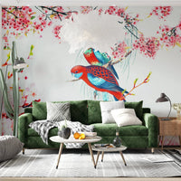 Elegant bird and flower wall mural in a dining room setting., GD8041
